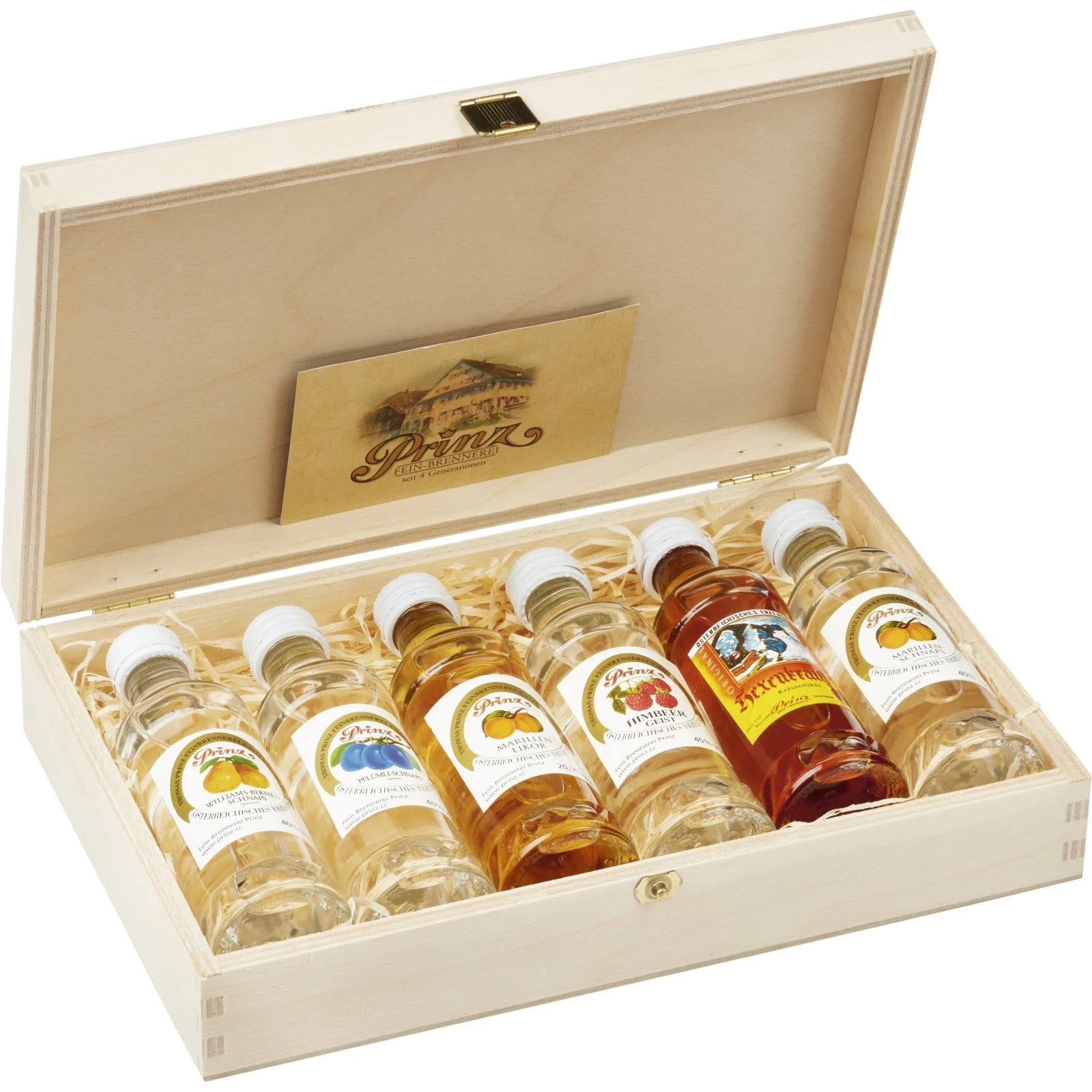Holzkistchen mit 4 cl Schnäpse kaufen - Spirituosen Geschenkartikel