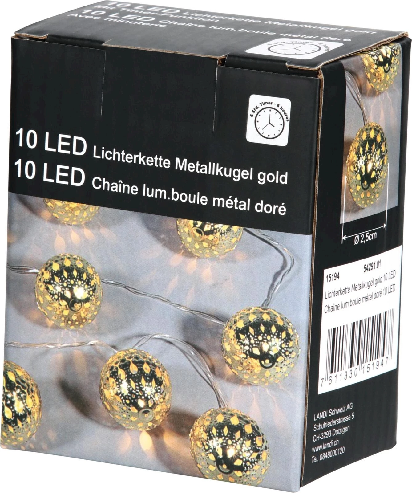 Lichterkette Metallkugel gold 10LED