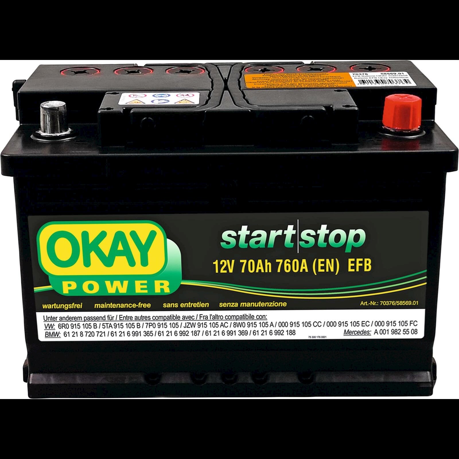 Batterie de démarrage Okay EFB 70Ah/760A Acheter - Accessoires voitures -  LANDI