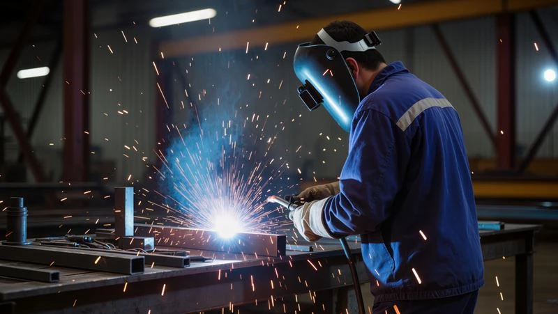 Ein Mann schweisst Metall mit Schutzhandschuhen und Schweisshelm