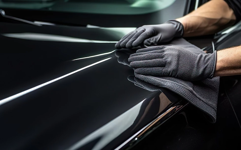 Ein Mann poliert sein Auto mit einem Mikrofasertuch